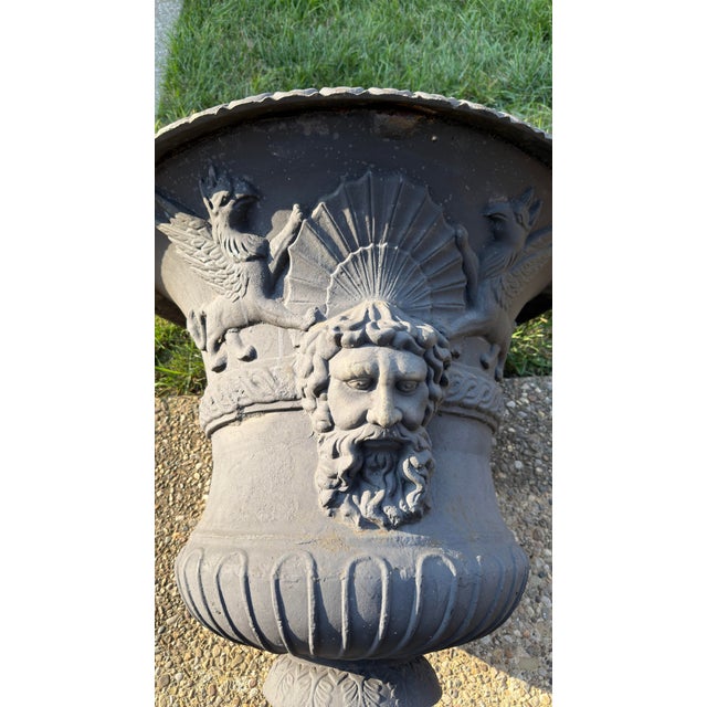 Pair of 19th Century Neoclassical Cast Iron Garden Urns 35 Inches Tall For Sale - Image 4 of 7