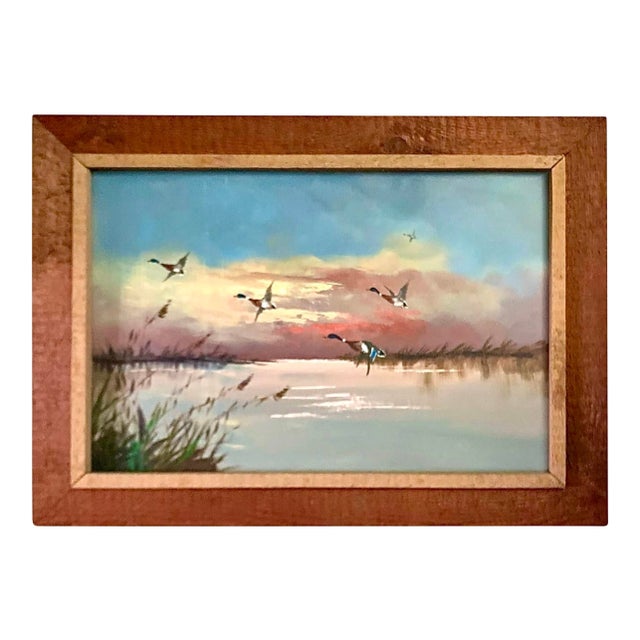 Late 20th Century Painting Mallard Duck Oil on Canvas Signed Framed Vintage Wildlife Art For Sale