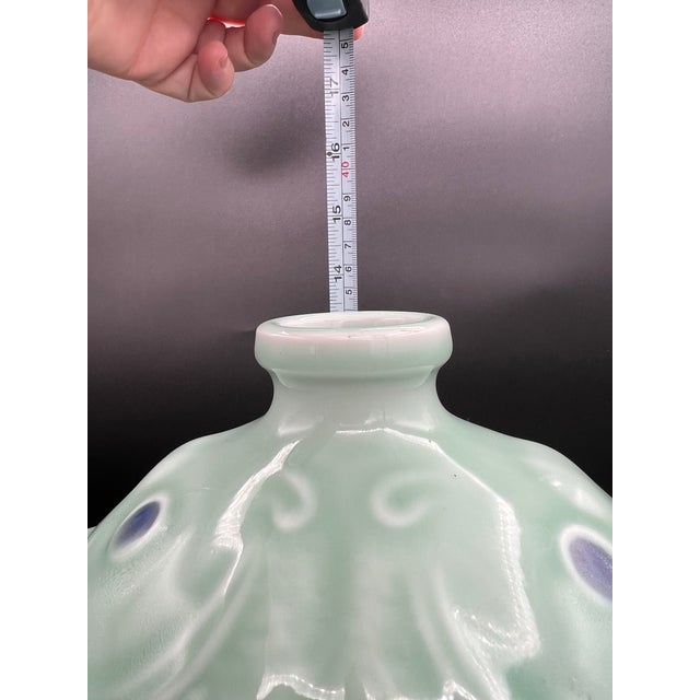 Celadon Late 20th Century 13.6" Qianlong Marked Chinese Celadon Glaze Porcelain Double Fish Vase Bottle For Sale - Image 8 of 8