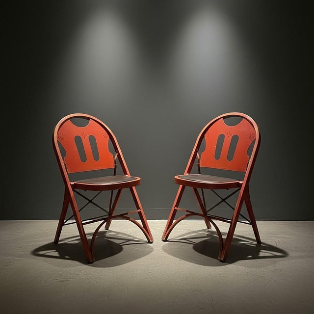 1930s Pair 1920s-30s Rastetter Solid Kumfort Folding Chairs-Art Deco-Antique-Red Wood For Sale - Image 5 of 12