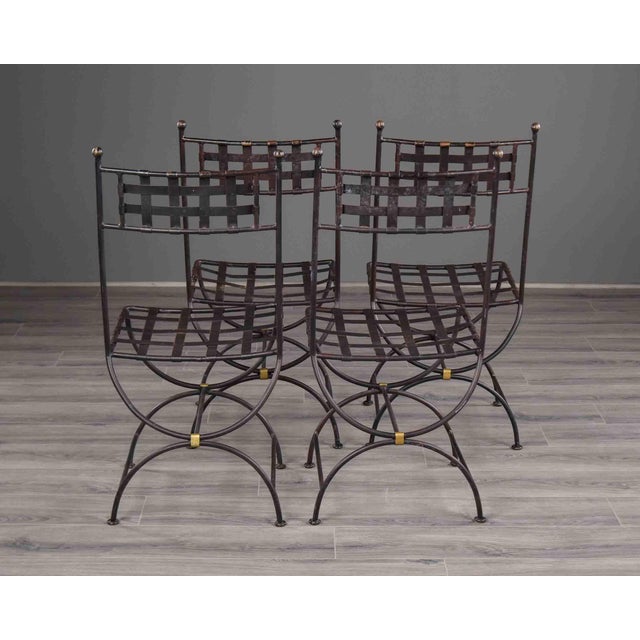 Set of Four French Iron Curule Side Chairs With Woven Strap Seats For Sale In Detroit - Image 6 of 12