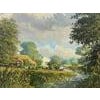 English Countryside Oil Painting with Thatched Cottage, River & Cows Grazing by British Artist Art measures 24 x 18 inches...