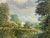 English Countryside Oil Painting with Thatched Cottage, River & Cows Grazing by British Artist Art measures 24 x 18 inches...