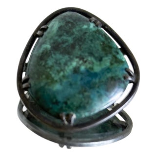 Vintage Mid Century Modern Israeli Studio Alpaca Silver Chrysocolla Eilat Stone Brutalist Brooch Pin 1960s For Sale