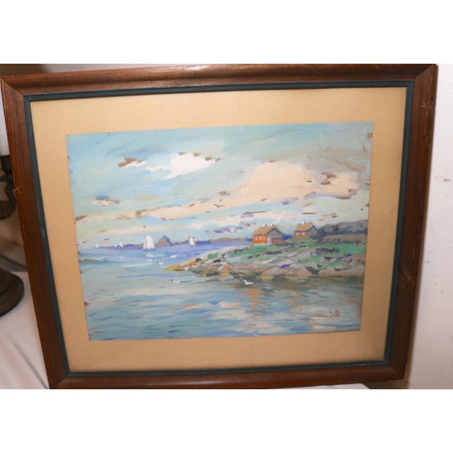 Blue Vintage Original Expressionism Job Nautical Coast Shore Landscape Oil Painting For Sale - Image 8 of 11