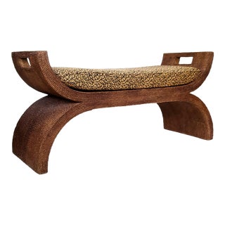 Gabriella Crespi Style Jute Pencil Reed Bench With Upholstered Seat Cushion - Vintage Mid Century Modern For Sale