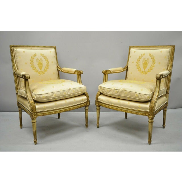 Early 20th Century French Louis XVI Neoclassical Gold Silk Fauteuil Parcel Gilt Arm Chairs A