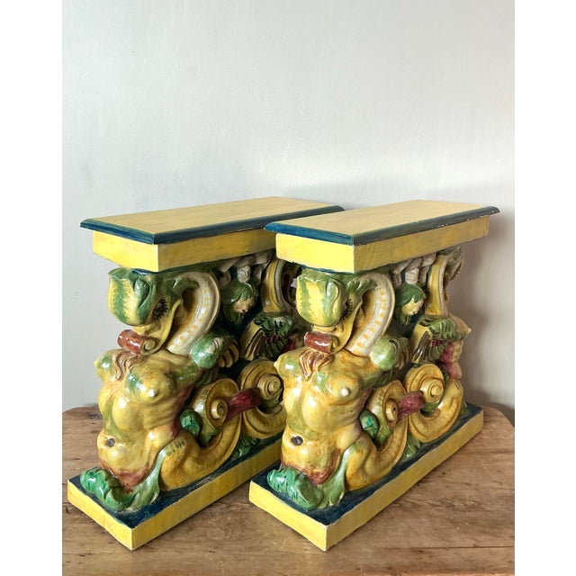 Wood Vintage Coastal Glazed Terracotta Side Tables - A Pair For Sale - Image 7 of 12