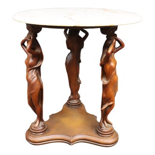 Art Nouveau Walnut & Marble Figural Accent Table For Sale