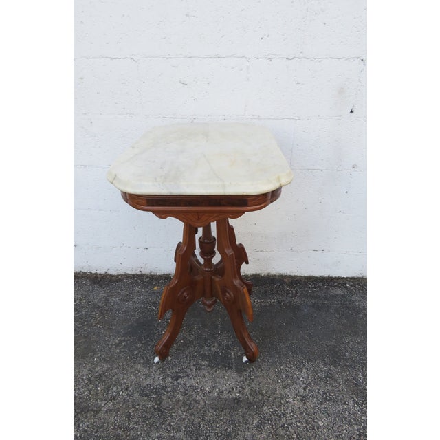 Late 1800s Victorian Eastlake Marble Top Carved Side Table 6295 For Sale - Image 17 of 17