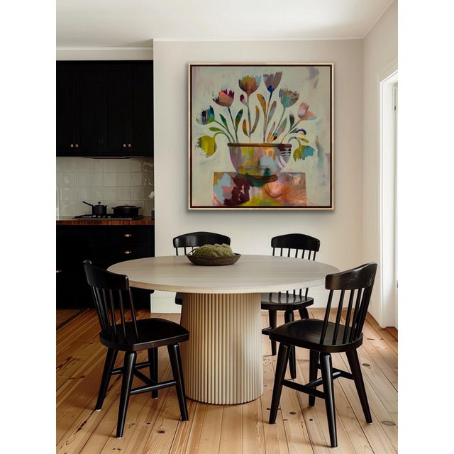 This colorful abstract floral painting will suit a wide range of decor and includes a solid maple frame