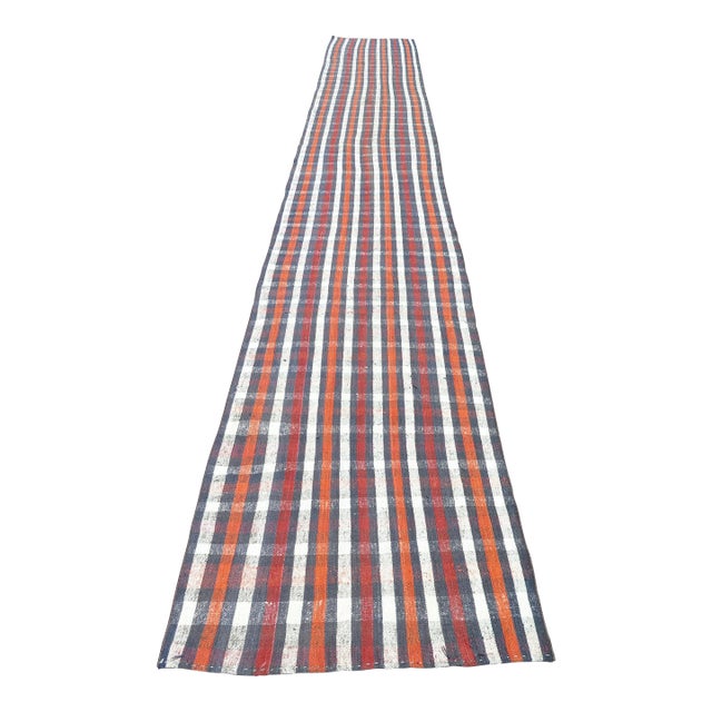1960s Plaid Design Extra Long Kilim Runner Rug For Sale