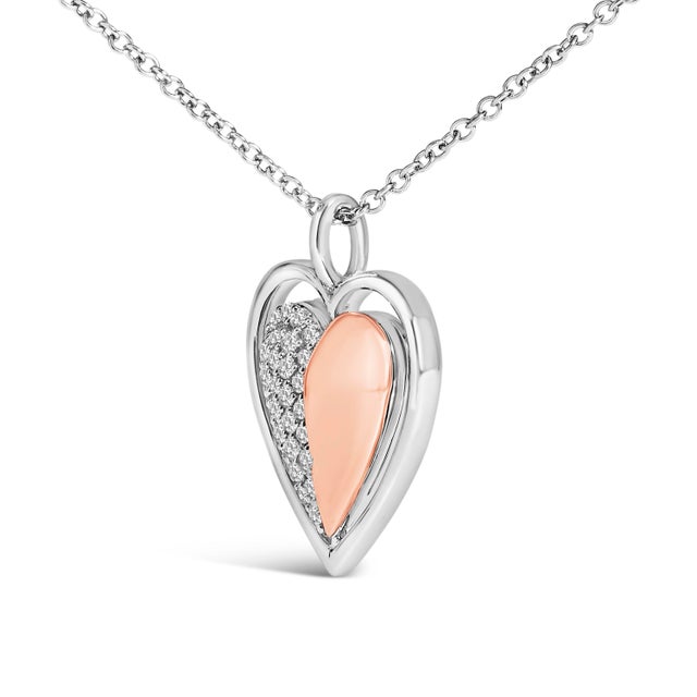 Contemporary 10K Rose Gold Plated Sterling Silver 1/5 Cttw Diamond Two-Tone Heart Pendant Necklace For Sale - Image 3 of 5
