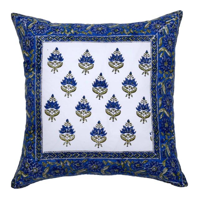 Birds on Vine-Blossom Reversible Pillow Case - Blue, 18" x 18" For Sale