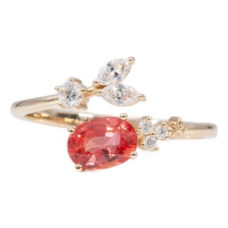 1Ct Padparadscha Sapphire Ring With Natural Diamond Accents: Solid 14k Gold, Size 6.75 For Sale