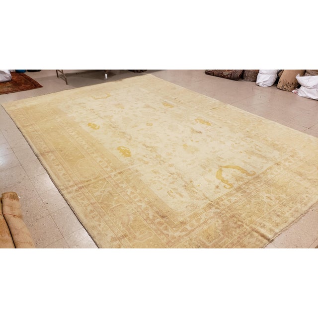 Antique Angora Oushak Carpet, Handmade Oriental Rug, Shrimp, Taupe, Ivory, Fine For Sale - Image 4 of 12