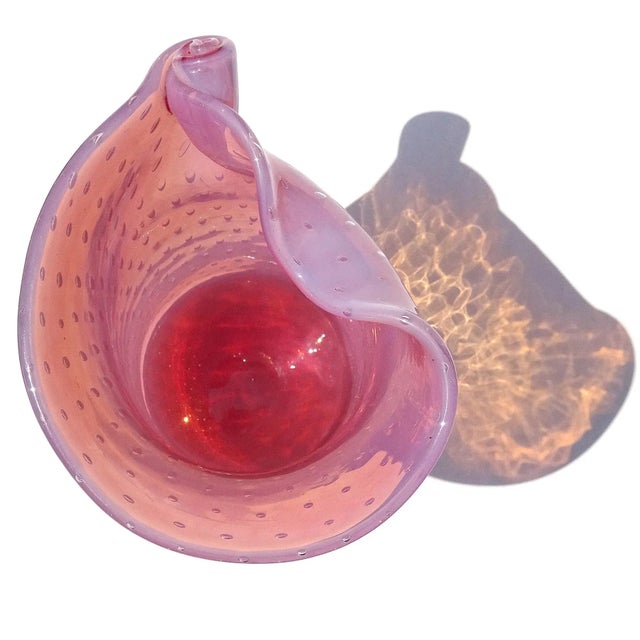 Murano Fratelli Toso Opalescent Pink Bubbles Vintage Italian Art Glass Scroll Top Flower Vase With Label For Sale - Image 9 of 12