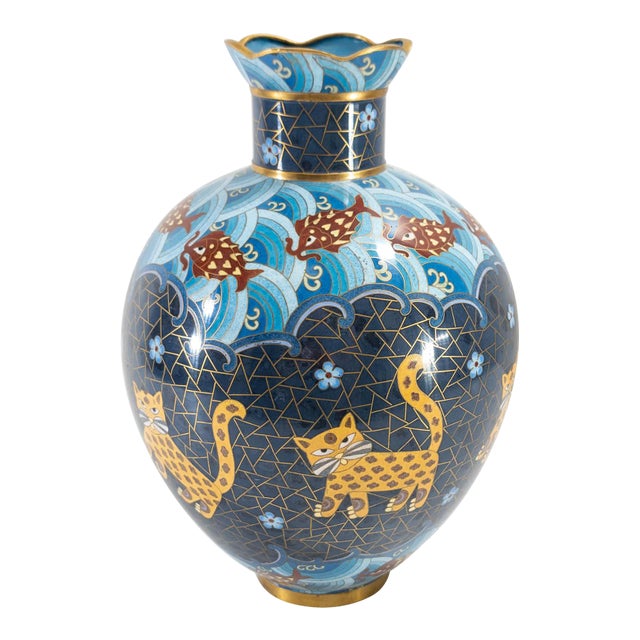 Mid-Century Chinese Cloisonne Enamel Vase With Cats and Fish by Jingfa For Sale