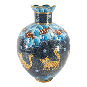 Mid-Century Chinese Cloisonne Enamel Vase With Cats and Fish by Jingfa