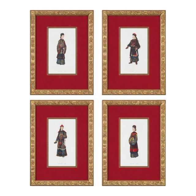 20th-C. Gilt Framed & Matted Chinoiserie Qing Dynasty Costume Prints Set of 4 For Sale