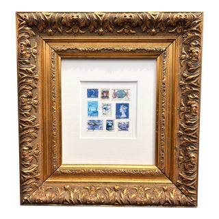 Framed Vintage Postage Stamp Collage, Petites Couleurs: Bleu For Sale