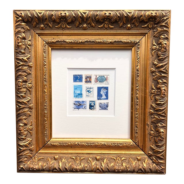 Framed Vintage Postage Stamp Collage, Petites Couleurs: Bleu For Sale
