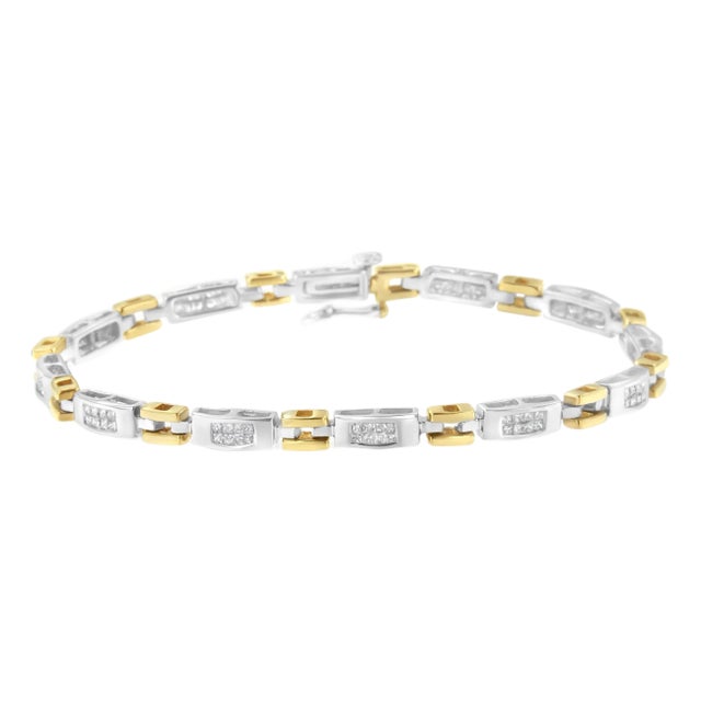 10K Two-Tone Gold Princess Cut Diamond Geo Link Bracelet (1.00 cttw, H-I Color, SI1-SI2 Clarity) For Sale