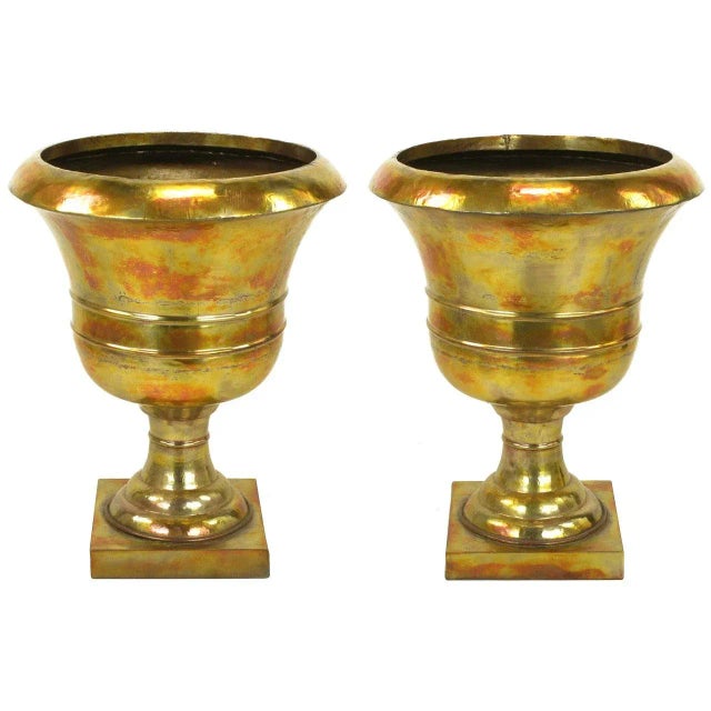 Brass Palatial Tall Acid Rinsed and Hammered Brass Urns - a Pair For Sale - Image 8 of 8