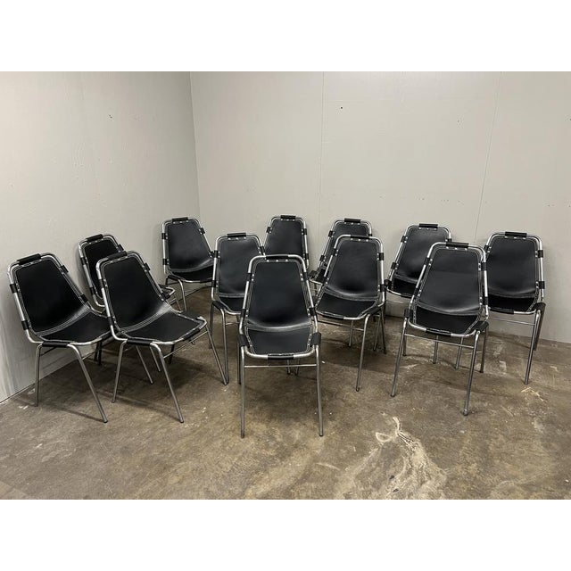Black Leather Dining Chairs by Charlotte Perriand for Les Arcs, 1960s, Set of 12 For Sale - Image 10 of 10