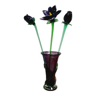 Vintage Murano. Amethyst Vase W/Emerald Vine Wrap Around Vase, With Matching Flowers For Sale