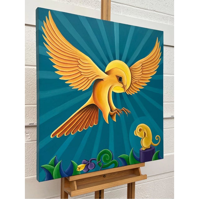 Sacrifice - Surreal Painting of Golden Yellow Bird of Prey Hunting a Mouse, by Contemporary British Artist Original, Oil...