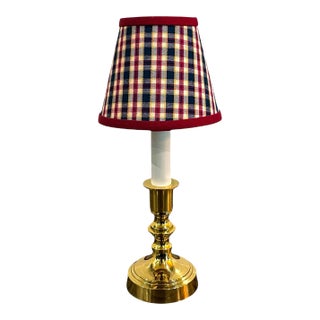 Petite Brass Candlestick Lamp With English Plaid Shade For Sale