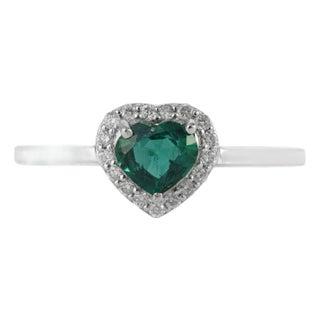 Art Deco Heart Cut Emerald & Diamond Promise Ring Size 9 in 18k White Gold For Sale