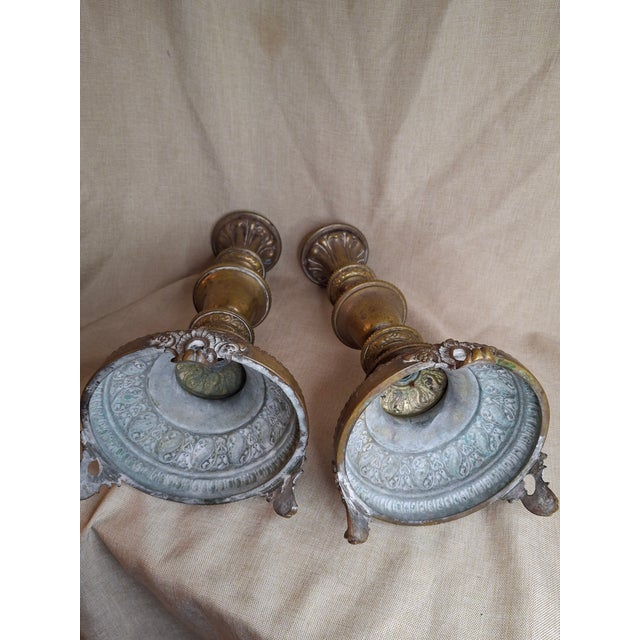 Antique Warsaw Brass Shabbat Candlesticks, 14" Polish Sabbath 19th Century Pair For Sale - Image 11 of 16