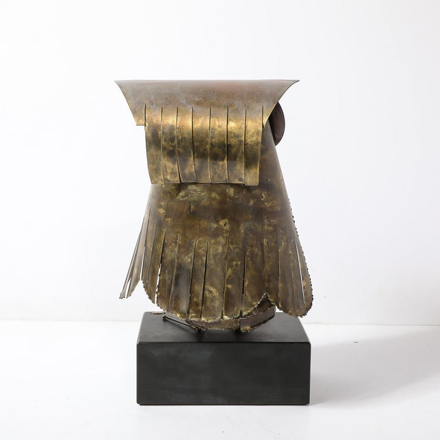 Mid-Century Antiqued Brass & Glass Owl Sculpture Signed Curtis Jere For Sale - Image 10 of 12