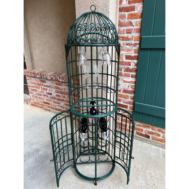 Vintage French Bistro Wine Rack Iron Birdcage Green Tall Patio Bar 21 Bottle For Sale - Image 9 of 18