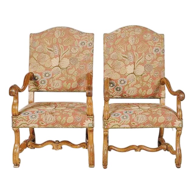Pair of Antique French Louis Xiii–xiv Style Walnut Armchairs, Newly Upholstered For Sale