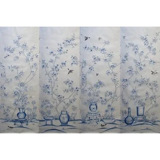 36" * H100"/Panel * 4ps, 21st Century Porcelain Blue and White Chinoiserie Scenic Wallpaper Murals For Sale