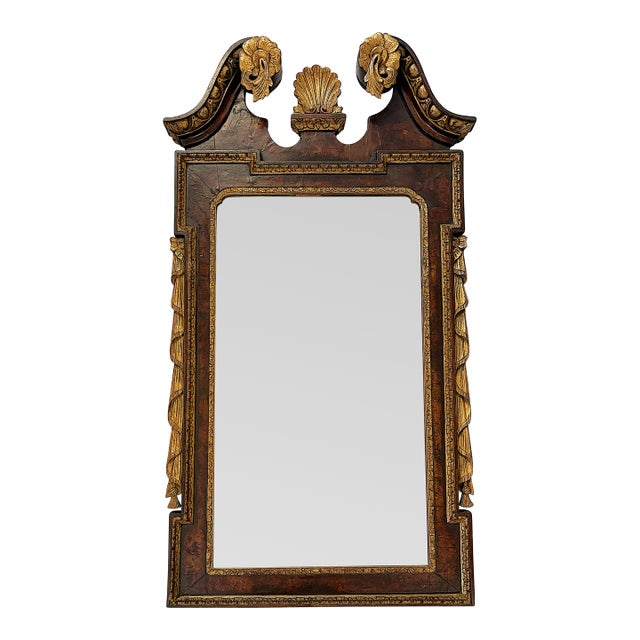 Antique English George II Solid Mahogany Mirror With Swan Neck Pediment and Shell Cartouche For Sale