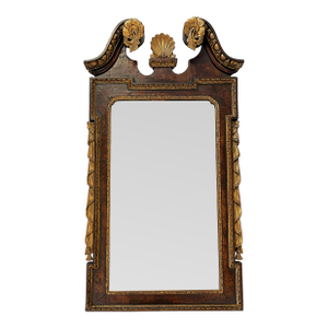 Antique English George II Solid Mahogany Mirror With Swan Neck Pediment and Shell Cartouche