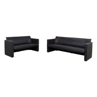 3-Seater and 2-Seater Sofas in Dark Blue Leather from Leolux, Set of 2 For Sale