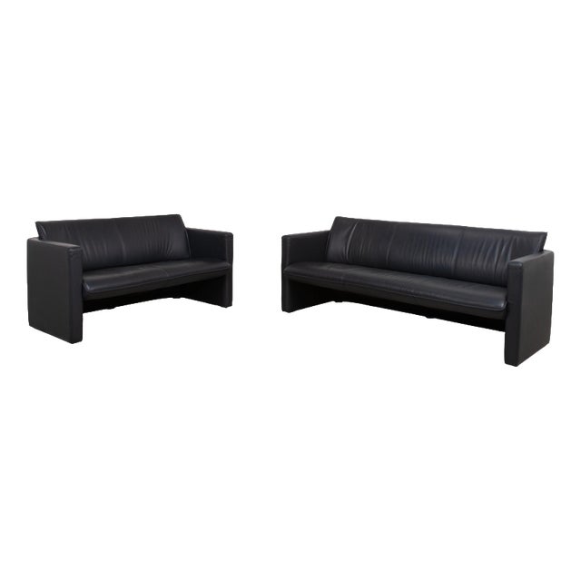3-Seater and 2-Seater Sofas in Dark Blue Leather from Leolux, Set of 2 For Sale