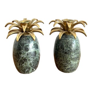 Pair of Vintage Marble and Brass Pineapple Candleholders For Sale