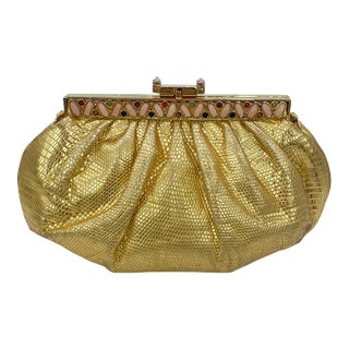 Judith Leiber Gold Lizard Gemstone Top Clutch For Sale