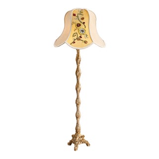 French-Style Gilded Floor Lamp – Ornate Gold Leaf Stand With Floral Embroidered Bell Shade For Sale