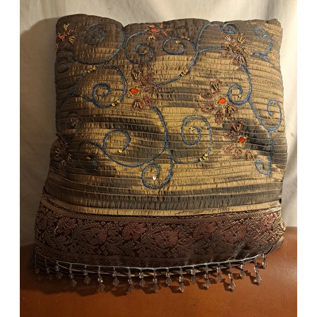 1980s Persian Style Hand Embroidered Beaded Cushion Pillow For Sale - Image 11 of 11