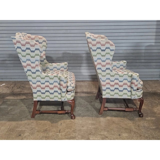 Late 20th Century Pair Southwood Connoisseur Collection Mahogany Wing Chairs Flame Stitch Fabric For Sale In Cleveland - Image 6 of 10