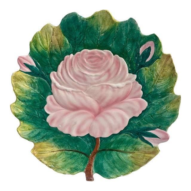 Vintage Large Italian Pink Rose & Green Zaccagnini Pottery Decorative Wall or Serving Plate For Sale