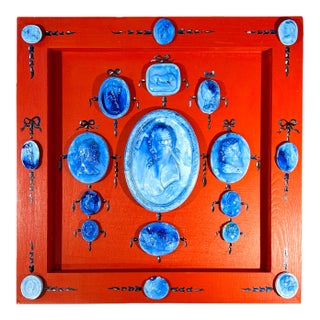 Grand Tour Style Blue Faience Glazed Plaster Intaglio Arrangement in Square Hand Painted Red Frame For Sale