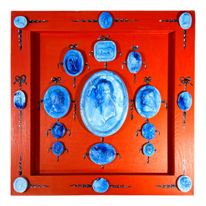 Grand Tour Style Blue Faience Glazed Plaster Intaglio Arrangement in Square Hand Painted Red Frame